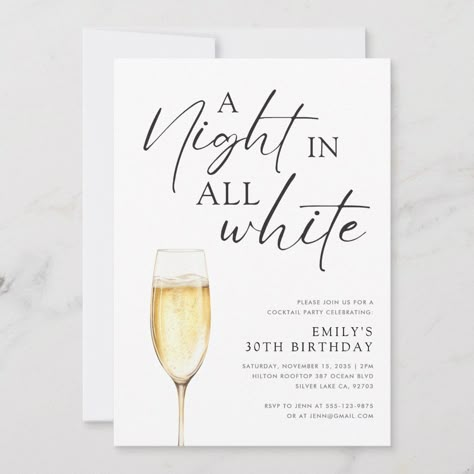 A Night in all White Birthday All White New Years Eve Party, Birthday Party Ideas For 25th Birthday, All White 30th Birthday Party Ideas, All White Cocktail Party Decor, White Out Party Decorations, White Party Birthday Ideas, All White 30th Birthday Party, Chic 40th Birthday Party, Classy Birthday Invitations