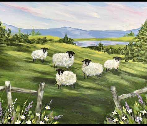 Sumer Landscape, Sheep In A Field, Farm Scene Painting, Lost Lamb, Felted Pictures, Sheep Drawing, Resin Inspiration, Farm Paintings, Acrylic Signs