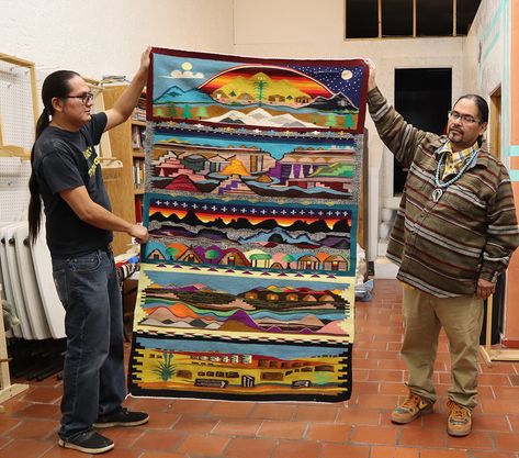 Albert Chase with Rug Navajo Language, Southwest Chic, Contemporary Tapestries, Navajo Art, Navajo Weaving, Navajo Rugs, Tapestry Weaving, Welcome To The World, Fiber Arts