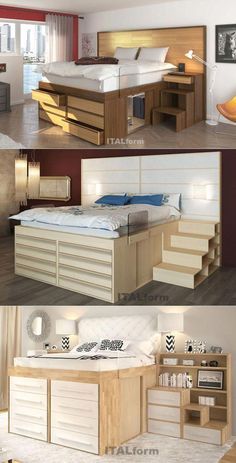 Platform Bed Diy, Space Saving Furniture Bedroom, Space Saving Bedroom, Storage Beds, Diy Furniture Cheap, Space Saving Beds, Bed Frame Design, High Beds, Dekorasi Kamar Tidur