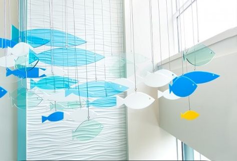 Fish Mobile — Ekko Mobiles — Large Custom Hanging Mobiles, Kinetic Art, and Ceiling Sculptures for Home, Business, and Public Spaces Fish Mobile, School Of Fish, Yellow Fish, Mobile Art, Kid Pool, Kinetic Art, Waiting Area, Hanging Mobile, Public Spaces