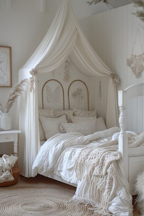 29 Girls Bed With Canopy Ideas for a Magical Bedroom 9 French Provincial Canopy Bed, Canopy Bed Curtains Aesthetic, Floral Canopy Bed, Girls Bed With Canopy, Girls Bedroom Canopy, White Canopy Bed, Bed With Canopy, Canopy Over Bed, Girls Canopy