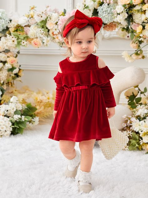 Red Cute Collar Long Sleeve Fabric Plain A Line Embellished Slight Stretch  Baby Clothing Kids Christmas Dress, Girls Party Wear, White Flower Girl Dresses, Girls Frock Design, Kids Fashion Dress, Muslim Fashion Dress, Boutique Dress Designs