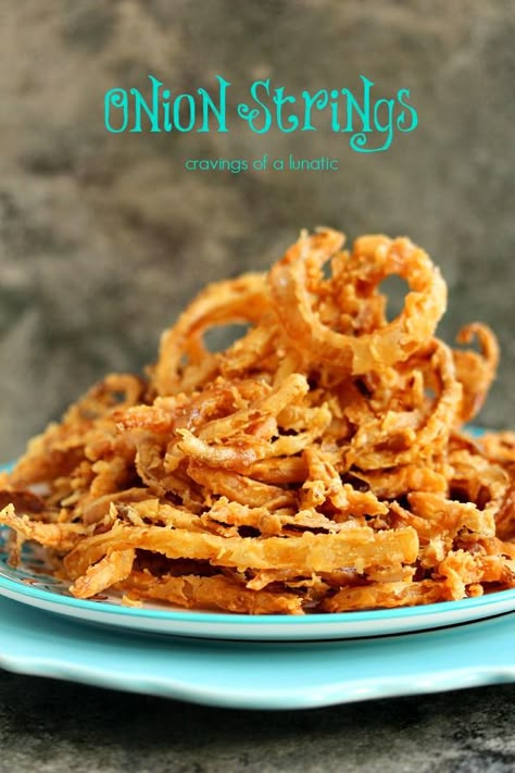 Onion Strings | Cravings of a Lunatic | Seriously sinful and totally worth indulging in! Fried Onion Rings, Onion Strings, Spicy Dipping Sauce, French Fried Onions, Crispy Onions, Onion Recipes, Corn Dogs, Vegetable Sides, Fried Food