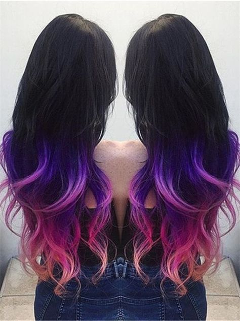 Purple pink Black Purple Pink Ombre Hair, Black Pink Purple Hair, Black Purple Pink Hair, Black And Purple Ombre Hair, Best Ombre Hair, Pink Ombre Hair, Purple Ombre Hair, Ombre Purple, Colored Hair Extensions