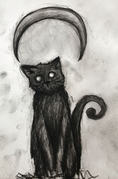 little charcoal cat Black Cat Sketch Pencil Drawings, Spooky Cat Drawing, Charcoal Art Easy, Cat Paw Drawing, Easy Charcoal Drawings, Clipboard Ideas, Journal Drawings, Spooky Cats, Black Cat Drawing