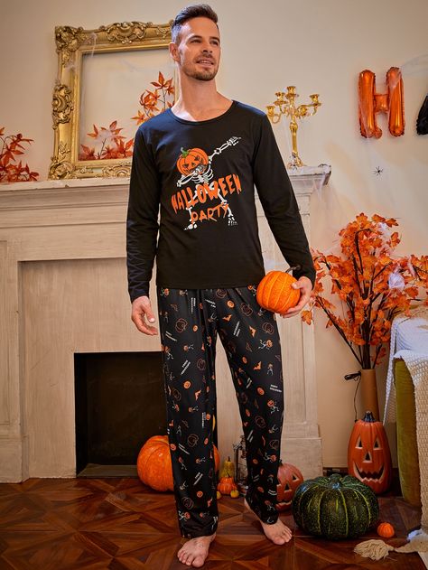 Black  Collar Long Sleeve  Halloween,Letter Pajama Sets Embellished Slight Stretch  Men Underwear & Loungewear Halloween Pjs, Men Loungewear, Men Halloween, Halloween Sweater, Mens Loungewear, Loungewear Sets, Disney Halloween, Pajama Sets, Pj Sets