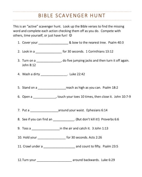 Treasure Hunt Bible Lesson, Bible Verse Fill In The Blank, Gospel Scavenger Hunt, Group Scavenger Hunt Ideas, Fill In The Blank Bible Worksheets, Books Of The Bible Scavenger Hunt, Indoor Bible Verse Scavenger Hunt, Genesis Scavenger Hunt, Ladies Scavenger Hunt Ideas