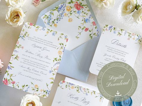 Mayfair Watercolor Wildflower Digital Download Wedding Invitation | Editable Canva Template Vintage Garden Wedding Invitations, Wildflower Border, Canva Text, Wildflower Theme, Pastel Wedding Invitations, Wildflower Wedding Invitations, Watercolor Wedding Invitation, Spring Wedding Invitations, Garden Wedding Invitations