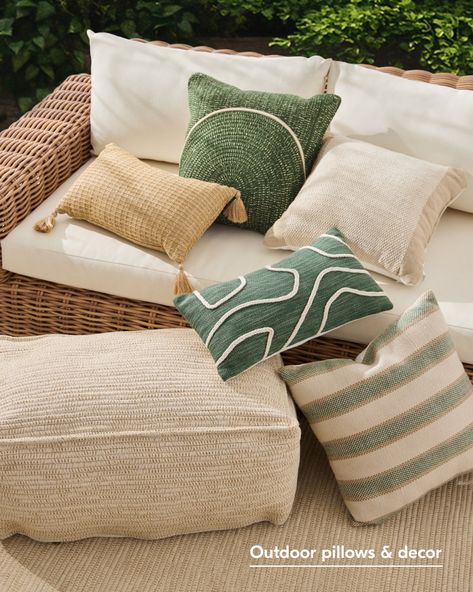 Outdoor pillows & decor Day Bed Decor, Outdoor Cabana, Green Pool, Outdoor Pouf, Outdoor Daybed, Shell Top, Christmas Inspo, Green Pillows, Indoor Outdoor Pillows