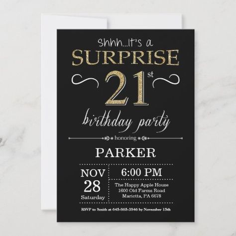 $2.77 | Surprise 21st Birthday Invitation Black and Gold | Birthday Invitations | adult birthday, birthday party, women birthday, man male birthday, surprise birthday, black and gold glitter, 21 years bday bash invite, 21st birthday, twenty one birthday, milestone birthday Surprise 30th Birthday, Surprise 40th, 13th Birthday Invitations, Birthday Man, 90th Birthday Invitations, Surprise Birthday Invitations, 70th Birthday Invitations, 80th Birthday Invitations, Birthday Women