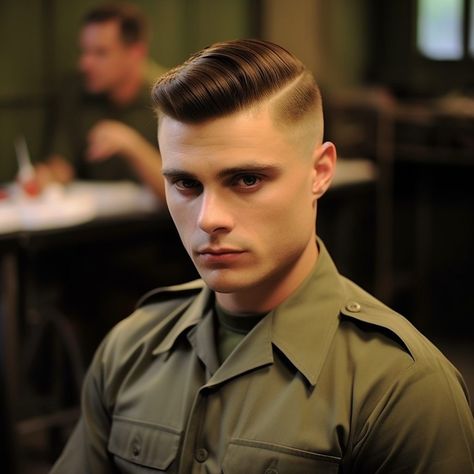 The Military High Fade Comb Over: A Blend of Discipline and Style Military Fade Haircut, High Fade Haircut Mens, Barber Haircut Styles, High Fade Comb Over, Military Fade, Marine Haircut, Gents Hairstyles, Brylcreem Hairstyles, Military Haircuts Men