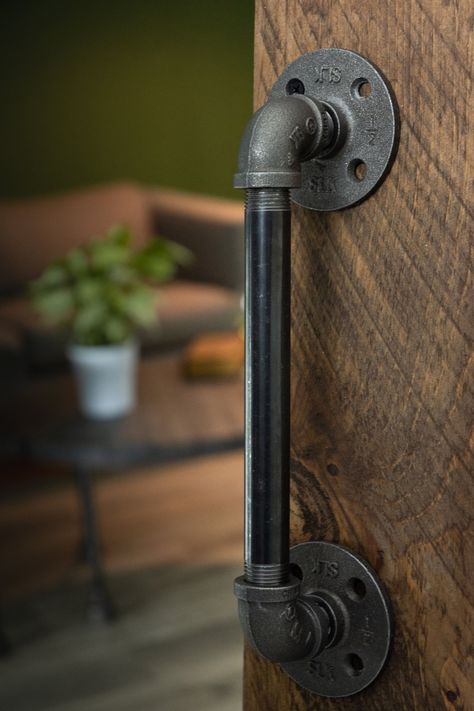 A perfect blend of function and style, these industrial farmhouse style barn door pulls are the finishing touch for your rustic barn doors. These are not hollow, imitation barn door handles. These are genuine industrial pipe fittings that will stand the test of time. You will know Pipe Décor parts and accessories when you hold them. Beauty and beast. Strength and style. This is real industrial pipe for your decoration and designs. Accept no substitutes. Clean and seal each piece, before assembly Rustic Barn Door Handles, Industrial Door Handles, Rustic Door Handles, Barn Door Handles Hardware, Outdoor Barn Doors, Rustic Handles, Industrial Barn Door, Rustic Barn Doors, Mountain House Decor