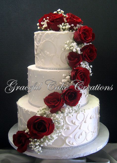 Cascading Flower Wedding Cake, Red And White Cakes Birthday, Red And Silver Wedding Invitations, Red Flower Wedding Cake, Red Wedding Theme Flowers, Navy Blue And Burgundy Wedding Cake And Cupcakes, Wedding Cakes Roses, Wedding Cakes Red Roses, Beautiful Wedding Cakes Romantic