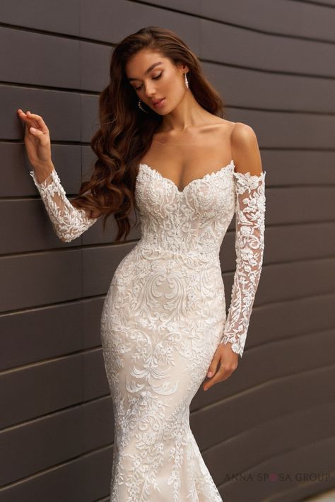 Marko Wedding Dress | Dea Collection 2024 | Brilanta by Anna Sposa Group. Stunning off-shoulder mermaid dress. Elegant lace wedding dress with a long train and sleeves. Wedding 2024 #wedding #weddingdress #bridetobe #bride #weddinginspiration #annasposagroup #brilanta Hourglass Wedding Dress, Wedding Manifestation, Queen Wedding Dress, Neon Prom Dresses, Tight Prom Dresses, Ombre Prom Dresses, Off Shoulder Wedding Dress, Buy Wedding Dress, Pretty Wedding Dresses