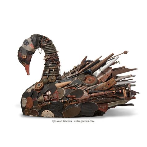 Large-scale black swan mixed media sculpture constructed from rescued materials. Industrial/steampunk found object bird art assemblage by artist Dolan Geiman. Weird Figures, Junk Sculpture, Assemblage Art Sculpture, Dolan Geiman, Recycle Sculpture, Unconventional Materials, Sculpture Inspiration, Art Boxes, Steampunk Stuff