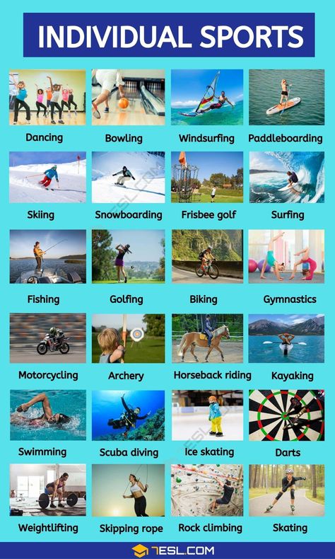 Individual Sports Pictures, List Of Sports To Try, Sports To Do, Sport Vocabulary, List Of Talents, Type Of Sports, Sports List, Sport English, List Of Sports