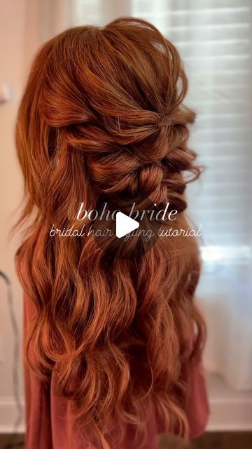 Katelyn Grimes on Instagram: "This song has been ON REPEATTTTT. Anyway here is some red hair inspiration for those boho brides! 💖  #BridalHair #weddinghair #hairtutorial #hairreels #hairtutorials #hairvideos #hairtutorialvideos #weddinghairtutorial #weddinghairinspo #weddinghairideas #prettyhairstyles" Red Hair Bridal Hairstyles, Red Prom Hairstyles, Red Hair Half Up Half Down, Red Hair Wedding Hairstyles, Red Hair Brides, Red Bridal Hair, Boho Updo, Red Hair Inspiration, Wedding Glam