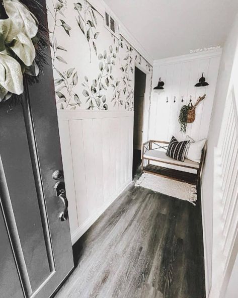 Half Wallpaper Wall, Half Wallpaper, Eucalyptus Wallpaper, Vertical Shiplap, Black Front Door, Black Sconces, Black Front Doors, Wallpaper Wall Decor, Wallpaper Walls Decor