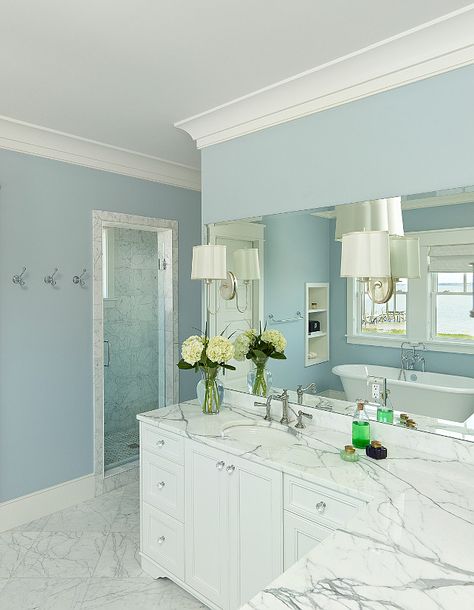 Paint Color: "Benjamin Moore Breath of Fresh Air 806". #PaintColor #BenjaminMoore #BreathofFreshAir #806 House Of Turquoise, Home Goods Decor, Blue Bathroom, Design Del Prodotto, Decoration Inspiration, Bathroom Colors, Cool Ideas, Breath Of Fresh Air, Paint Colors For Home