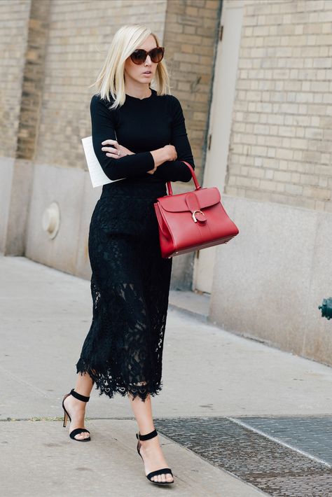 Shop this look for $105:  http://lookastic.com/women/looks/sunglasses-and-crew-neck-sweater-and-satchel-bag-and-midi-skirt-and-heeled-sandals/3682  — Dark Brown Sunglasses  — Black Crew-neck Sweater  — Red Leather Satchel Bag  — Black Lace Midi Skirt  — Black Suede Heeled Sandals Black Lace Skirt Outfit, Midi Rock Outfit, Spring 2015 Fashion, Tommy Ton, Black Lace Skirt, Midi Skirt Outfit, All Black Fashion, Lace Midi Skirt, Rock Outfit