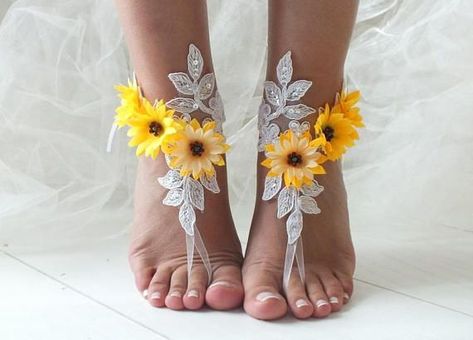 Crop Crochet Top, Bridesmaid Sandals, Lace Barefoot Sandals, Sunflower Wedding Decorations, Barefoot Sandals Wedding, Rustic Sunflower Wedding, Wedding Flowers Sunflowers, Beach Wedding Sandals, Wedding Anklets