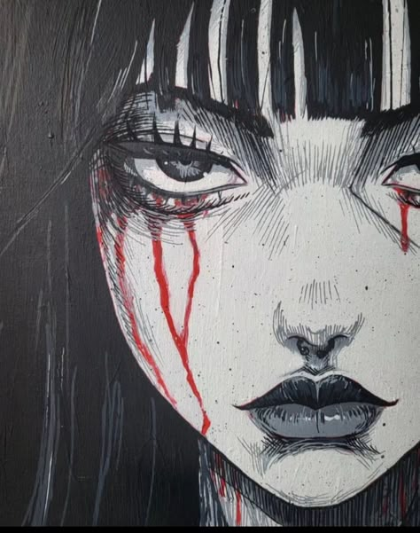 People Screaming Drawings, Hatred Expression, Two Faced People Drawing, Digital Horror Aesthetic, Female Rage Drawing, Broken Doll Face Trend, Bloodied Character Art, Blood On Face Drawing, Horror Art Inspiration