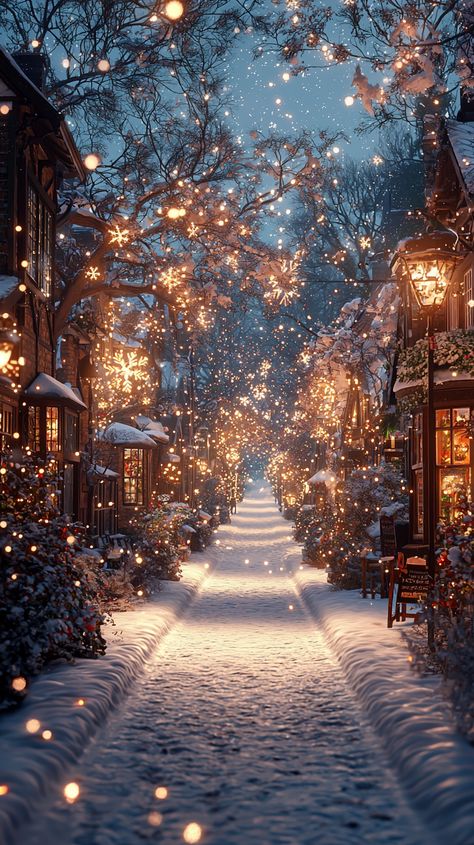 Step into a winter wonderland! ❄️✨ Stroll down this enchanting snowy street adorned with golden fairy lights and ornate lampposts. The cozy glow against the cool blue dusk sky creates the perfect festive magic! 🎄❤️ #Christmas #winter #wonderland #snow #lights #holiday #magic #festiveseason #cozy #enchanting #December #wintervibes #festive #beauty Beautiful Christmas Backgrounds, Winter Wonderland Village, Magical Christmas Wallpaper, Winter Festival Aesthetic, Magical Christmas Aesthetic, Winter Town Aesthetic, Snow Christmas Aesthetic, December Aesthetic Cozy, Winter Wonderland Aesthetic