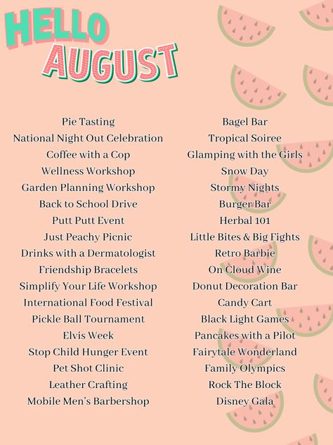 Beat the heat with our August summer events and activities that will make your summer sizzle! #eventservices #partyplanner #partyideas #partytime #party #partyinspiration #eventservice #activities #events #eventsindustry #eventslife #realestate #multifamilyrealestate #eventplanning #seniorcitizens #partyplanning #motivation #chaoscoordinator #activeadultliving #seniorliving #summerdays #tipsandtricks #tuesdaymotivation #TuesdayTips #activities_outofthebox #ideas #activitiesforseniors Social Events Ideas College, Nursing Home Event Ideas, August Senior Activities, Health And Wellness Event Ideas, Community Events Activities, Social Event Ideas Activities, College Wellness Events, Fun Community Event Ideas, Fun Events To Host