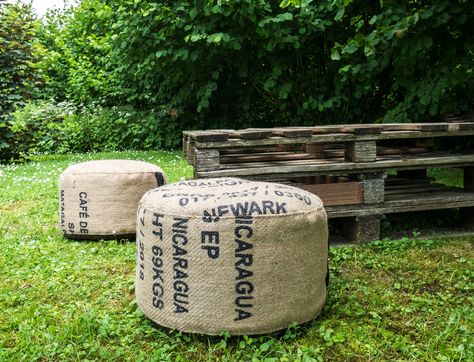 Outdoor Burlap pouf with handle Pouf is an accessory for patio and outdoor The bottom part has an faux leather protection but anyway we recommend keeping the pouf out of the rain. Made of Coffee upcycled burlap sack from Nicaragua  Beanbags pouf dimensions: 40cm x 25cm (~15' x 10') *can be clear design, without print (please contact us) Includes :  1 x Outer bean bag pouf cover only - made from real coffee burlap bag. DOSEN - NOT - INCLUDE  This bean bag listing does not come filled with polysty Vege Patch, Recycled Coffee Bags, Port Barton, Pouf Seating, Coffee Bean Sacks, Burlap Coffee Bags, Coffee Bean Bags, Coffee Sack, Sitting Cushion