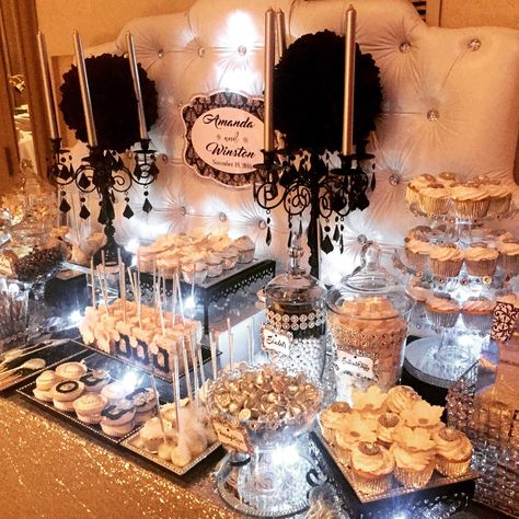 White, black and silver dessert table by Glam Candy Buffets for a vow renewal! Black White And Silver Dessert Table, Black And White Party Food Table, Black Treat Table Ideas, Silver Dessert Table Ideas, Black And Silver Dessert Table, Black Candy Table, Black And Gold Dessert Table Ideas, Black Dessert Table, Silver Dessert Table