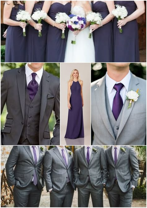 Grey Suits and Dark Purple Dresses Grey And Plum Groomsmen Suits, Gray And Purple Wedding Theme, Grey And Purple Groomsmen Suits, Dark Grey Suit Purple Tie, Dark Grey And Purple Wedding, Purple Bridesmaid Grey Groomsmen, Deep Purple Tuxedo Wedding, Dark Purple And Gray Wedding, Dark Purple And Silver Wedding