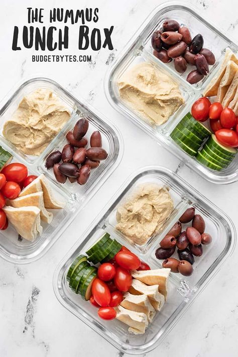 This Hummus Lunch Box is a cold lunch classic. With almost zero prep work, this is the fastest, easiest no-cook lunch around. Budgetbytes.com Husband Lunches, Hummus Lunch, Packed Meals, Cold Lunch, Hummus Recipe Homemade, Lunch Inspiration, Bento Ideas, Budget Bytes, Healthy Lunch Meal Prep