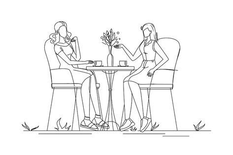 Two Girls Talking Drawing, Line Art Silhouette, Communication Illustration, Continuous Line Art, Cafe Black, Vector Graphics Illustrations, Minimalism Style, Art Silhouette, Coffee Drawing