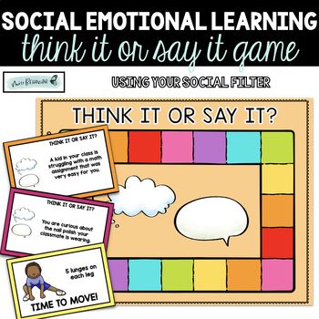 This social emotional learning product includes an engaging game that tackles using your social filter. The game also includes movement cards to keep kids engaged and energized. Should I keep this thought in my head, or can/should I say it out loud? Students read the scenario and determine the best way to handle it.INCLUDED: 1 social filter game board 1 card deck 8 "movement" cards (simple brain breaks to keep kids moving) 1 paper dice colored and black/white versions of everything!IMPORTANT FEA Games For Social Skills, Social Skills Activities For Elementary Students, Social Emotional Learning Activities For Middle School, Think It Or Say It, Social Skills For Elementary Students, Games That Teach Social Skills, Taking Turns Activities Social Skills, Paper Dice, Social Emotional Learning Games