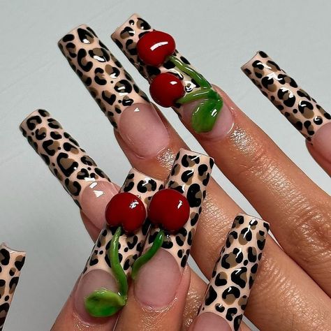 Cheetah print x Cherries 🐆🍒🖤 📸: @myprettyset Follow @thenailconnection for more nail inspo 💅🏽✨ #nails #naildesign #nailinspiration… | Instagram Cheetah Print Nails, Cheetah Nails, Leopard Print Nails, Cherry Nails, Dope Nail Designs, Print Nails, Leopard Nails, Unique Acrylic Nails, Unique Nails