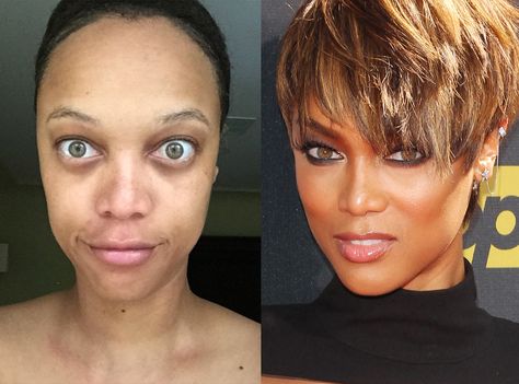 Celebs Without Makeup, Makeup Before And After, Celebrity Plastic Surgery, Actress Without Makeup, Celebrities Before And After, Tyra Banks, Power Of Makeup, Jeans Outfits, Makeup Transformation