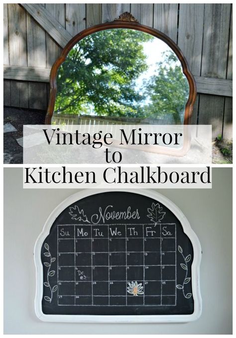 Turning a vintage mirror into a kitchen chalkboard | http://chatfieldcourt.com Chalkboard Paint Kitchen, Kitchen Chalkboard, Old Mirrors, Mirror Makeover, Furniture Flipping, Diy Wall Shelves, Diy Chalkboard, Vintage Mirrors, Work Diy