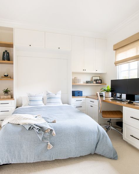 Many of us are still working from home. But space is at such a premium in the South Bay, sometimes rooms have to do double-duty. Need some ideas about how to create the perfect home office without sacrificing the guest room? We talk about this over on our blog. And, quick tip: We love custom-built murphy beds! 👉 For more follow @whitesandsdesignbuild 👉 Link in Bio Photographer: @laurenpressey Double Office Guest Room Combo, Built In Guest Bed, Organic Modern Guest Room Office, Basement Office And Guest Room, Basement Office With Murphy Bed, Office And Murphy Bed, Home Office With Murphy Bed Built Ins, Guest Bed And Office Combo, Murphy Bed Styling