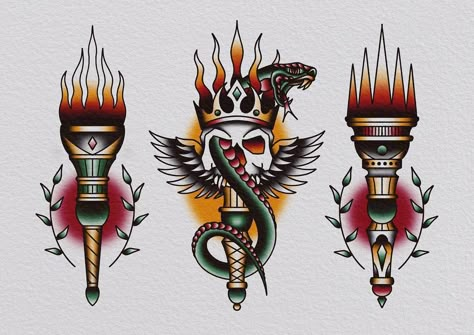 Traditional Torch Tattoo, Traditional Tattoo Torch, Torch Tattoo, Flash Sheet, Old School Tattoo Designs, Traditional Tattoo Art, Traditional Tattoo Flash, School Tattoo, Old School Tattoo