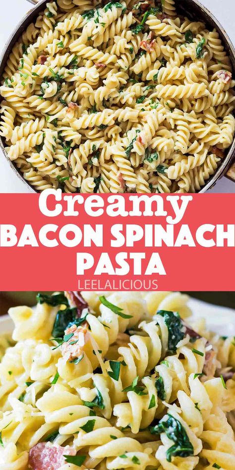 Spinach And Bacon Recipes, Spinach Bacon Pasta Recipes, Bacon Feta Pasta, Spinach Bacon Pasta, Pasta With Bacon And Spinach, Bacon Spinach Pasta, Creamy Bacon Pasta, Pine Nuts Pasta, Breakfast Pasta