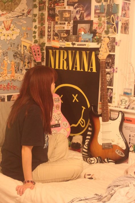 posters, guitars, teenage bedroom, grunge, camera photo Teenage Dirtbag Bedroom, Teenage Dirtbag Room, Grunge Camera, Bedroom Wall Panel, Wall Panel Designs, Art Bedroom Ideas, Grunge Bedroom, Wall Panels Bedroom, Teenage Girl Room