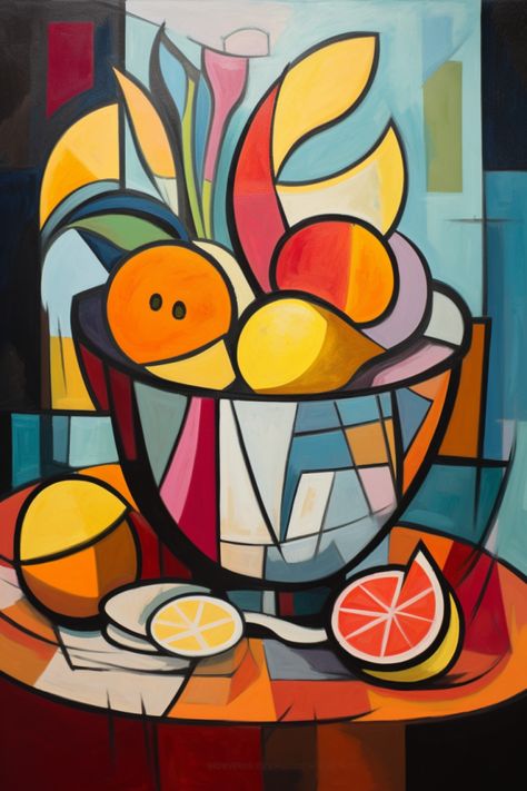 Abstract art painting of a fruit bowl on a table Cubist Art Ideas, Abstract Fruit Painting, Modern Cubist Art, Cubism Art Modern, Picasso Table, Abstractionism Art, Fruit Bowl Art, Cactus Paintings, Cubist Paintings