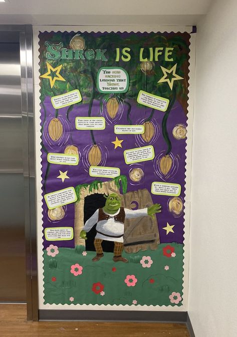 Shrek Door Decoration, Shrek Bulletin Board, Hall Themes, Class Charter, Ra Decorations, Dorm Door Decorations, Ra Themes, Dorm Door, Ra Bulletins