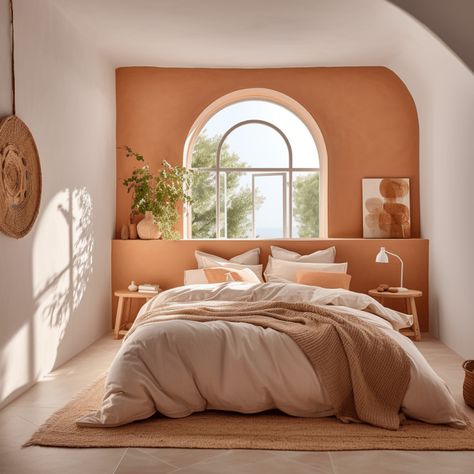 Couleur terracotta : 36 idées pour un intérieur tendance ! Terracotta Bedroom, Mediterranean Bedroom, Warm Bedroom, Decor Ideas Bedroom, Bedroom Orange, Bedroom Deco, Spare Bedroom, Decoration Idea, Bedroom Loft