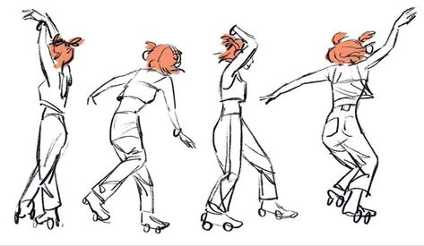 A series of sketchy drawings that show a dancing roller skater with headphones on. She has orange short hair. Rollerblading Drawing Reference, Rollerskating Poses Drawing, Dancing References, Skater Drawing, Drawing Gestures, Anatomy References, Fancy Art, Gesture Drawing, Figure Drawing Reference