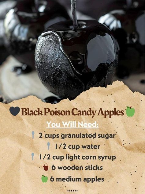 Sips n Eats | 🖤 Black Poison Candy Apples 🍏 | Facebook Candy Apples Diy, Party Food Trays, Black Candy Apples, Halloween Candy Apples, Candy Apple Recipe, Apple Treat, Black Candy, Toffee Apple, Tasty Recipes Videos