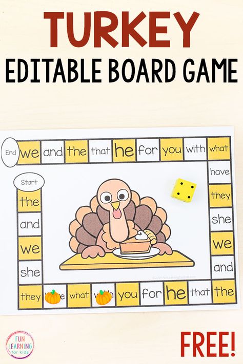 A fun editable turkey board game for Thanksgiving! Use this free printable to teach sight words, spelling words, CVC words and more in your Thanksgiving literacy centers. This Thanksgiving activity for kids is sure to be a hit! Thanksgiving Games Kindergarten, Turkey Board, Ece Teacher, Thanksgiving Literacy Centers, Thanksgiving Activity For Kids, November Themes, Morning Baskets, Thanksgiving Literacy, Teach Sight Words