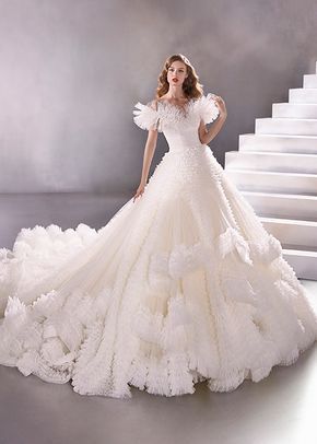 Voyager Ball Gown Wedding Dress by Pronovias - WeddingWire.com Layered Skirt Wedding Dress, Princess Wedding Gown, Pronovias Wedding Dress, Arch Wedding, White Wedding Gowns, Wedding Dresses 2020, Suits Men, Wedding Dress Pictures, Princess Wedding Dress