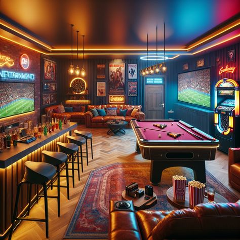 Experience ultimate leisure in a vibrant man cave, complete with neon lights, gaming gear, vintage jukebox, mini home theatre and a well-stocked bar. Game nights, sports and movies shine in this fun-filled sanctuary. #ManCave #HomeTheater #GamingRoom #SportsBar #EntertainmentRoom #GameNight Ultimate Basement Game Room, Gentlemens Club Decor Man Caves, Arcade Room In House Modern, Retro Man Cave Ideas, Fun Game Room Ideas Basements, Home Dive Bar, Pool Room Ideas Interior Design, Games Room Ideas Family, Sports Bar Furniture